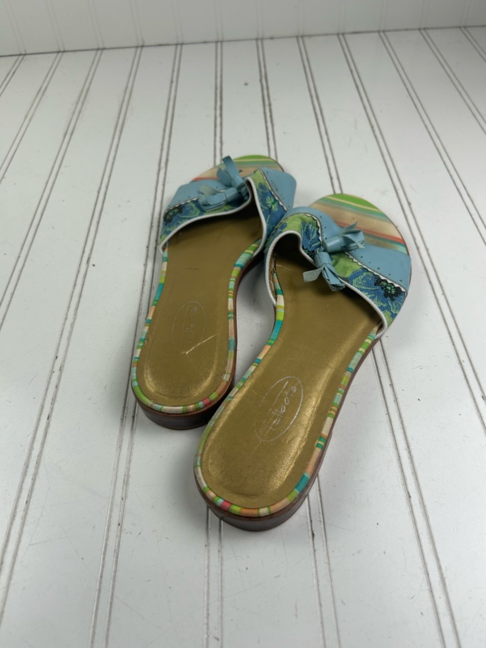 Talbots Slide Sandals Blue Leather Bow Stripe Floral Women’s Size 9.5 - Picture 5 of 8